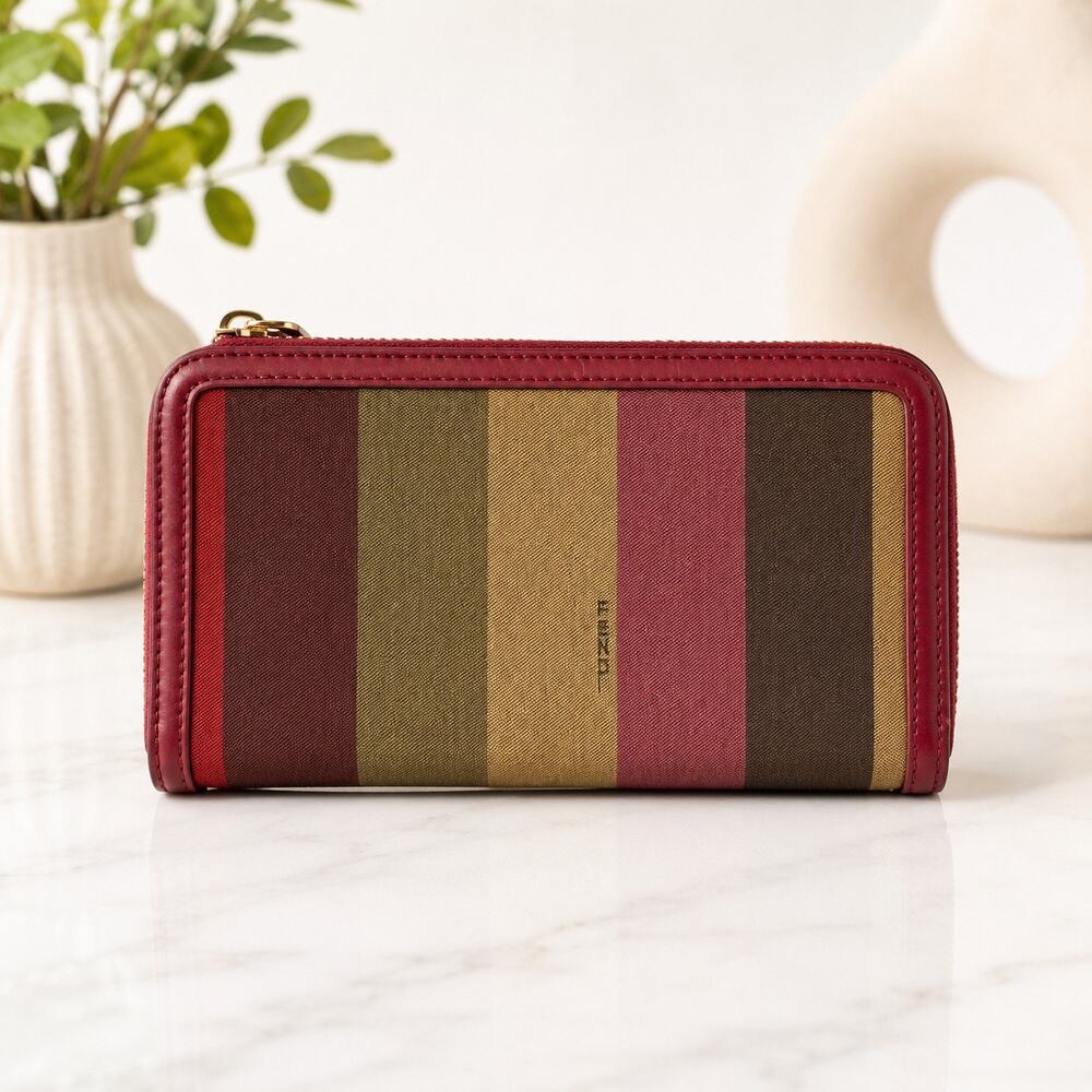 Fendi Pequin Stripe Zip Around Wallet Brown Red Leather Vintage